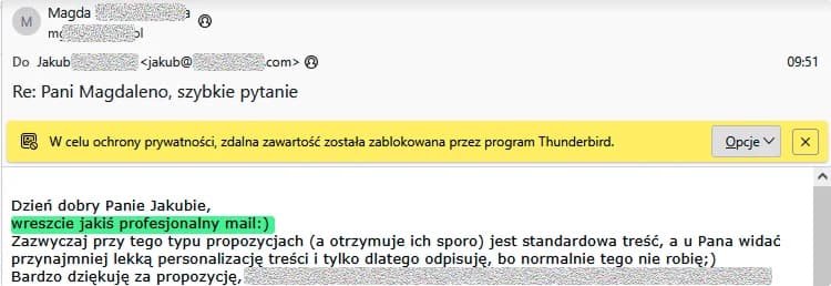 Screenshot rzeczywistej pozytywnej odpowiedzi na spersonalizowany opener