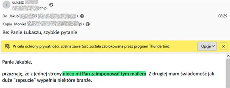Screenshot rzeczywistej odpowiedzi wyrażającej zainteresowanie współpracą