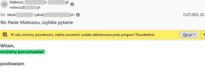 Screenshot rzeczywistej szybkiej pozytywnej odpowiedzi