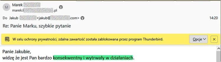Screenshot rzeczywistej odpowiedzi z propozycją spotkania