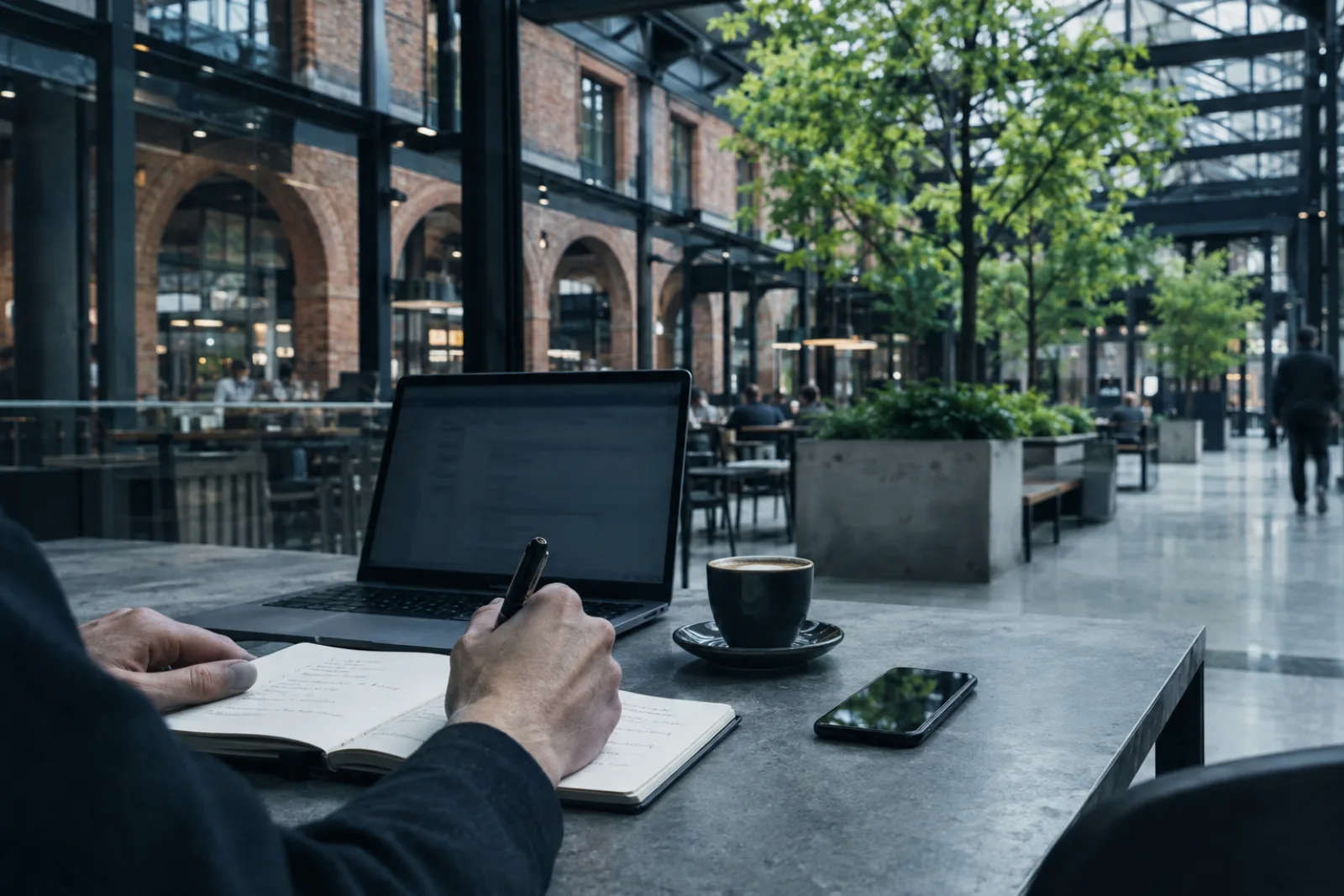 Dłonie przy laptopie i notesie przy stoliku w warszawskiej hali