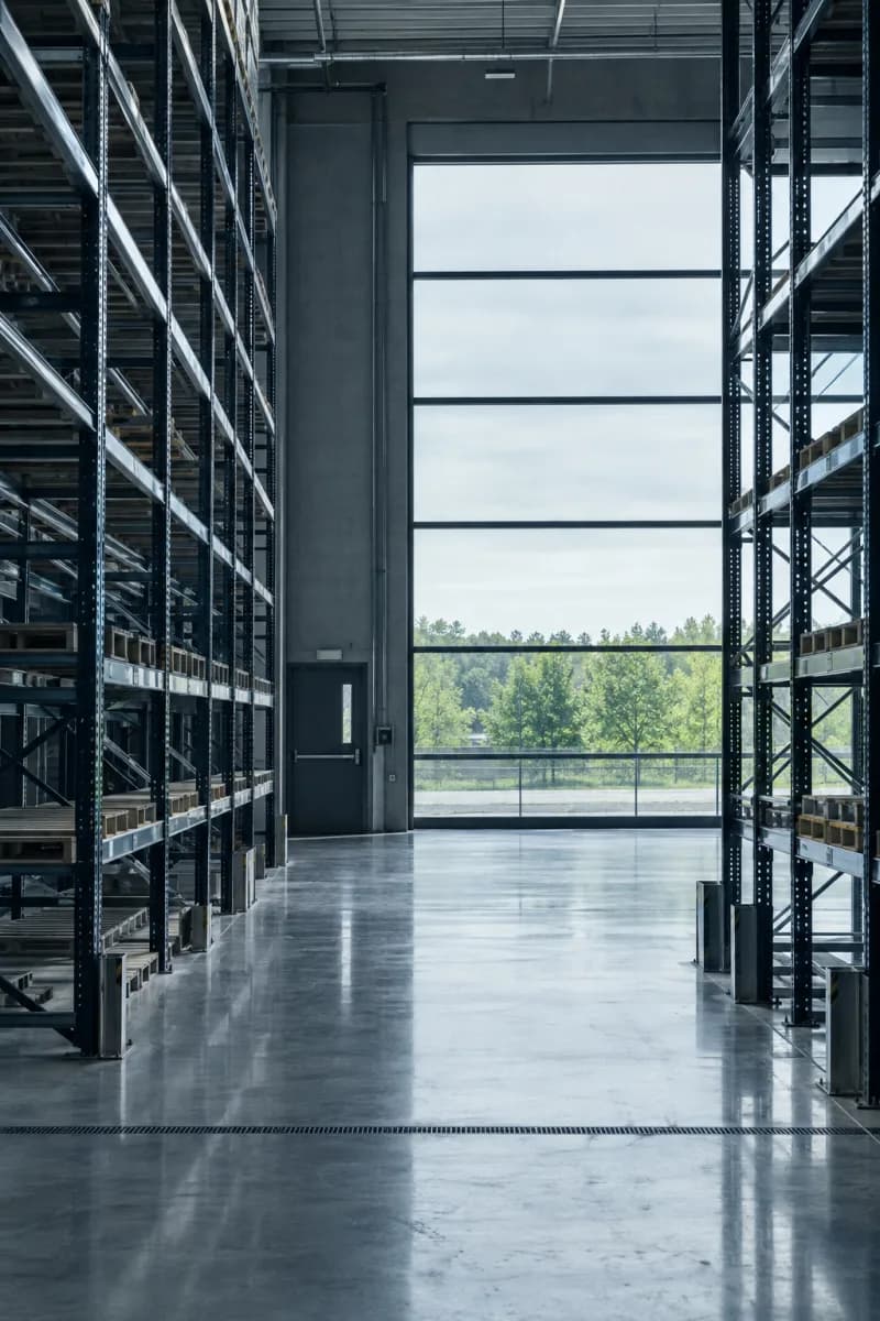 Wnętrze magazynu z regałami wysokiego składowania