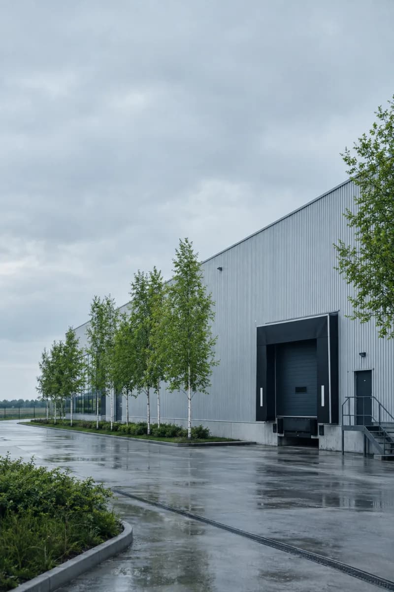 Hala produkcyjna z rampą załadunkową po deszczu