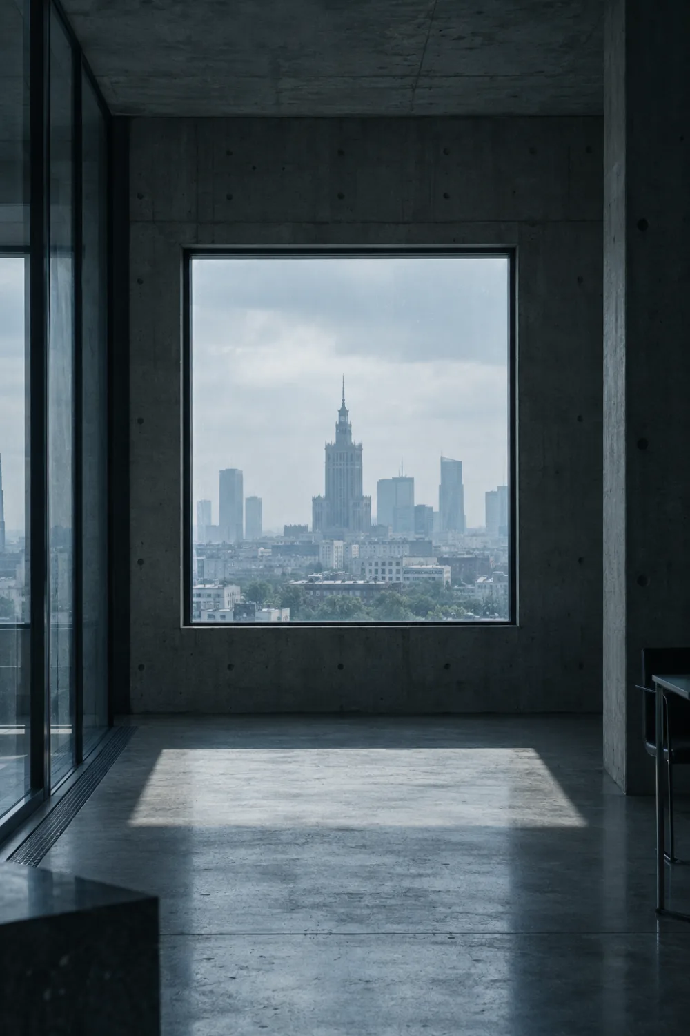 Betonowe wnętrze z oknem, przez które widać Pałac Kultury i Nauki